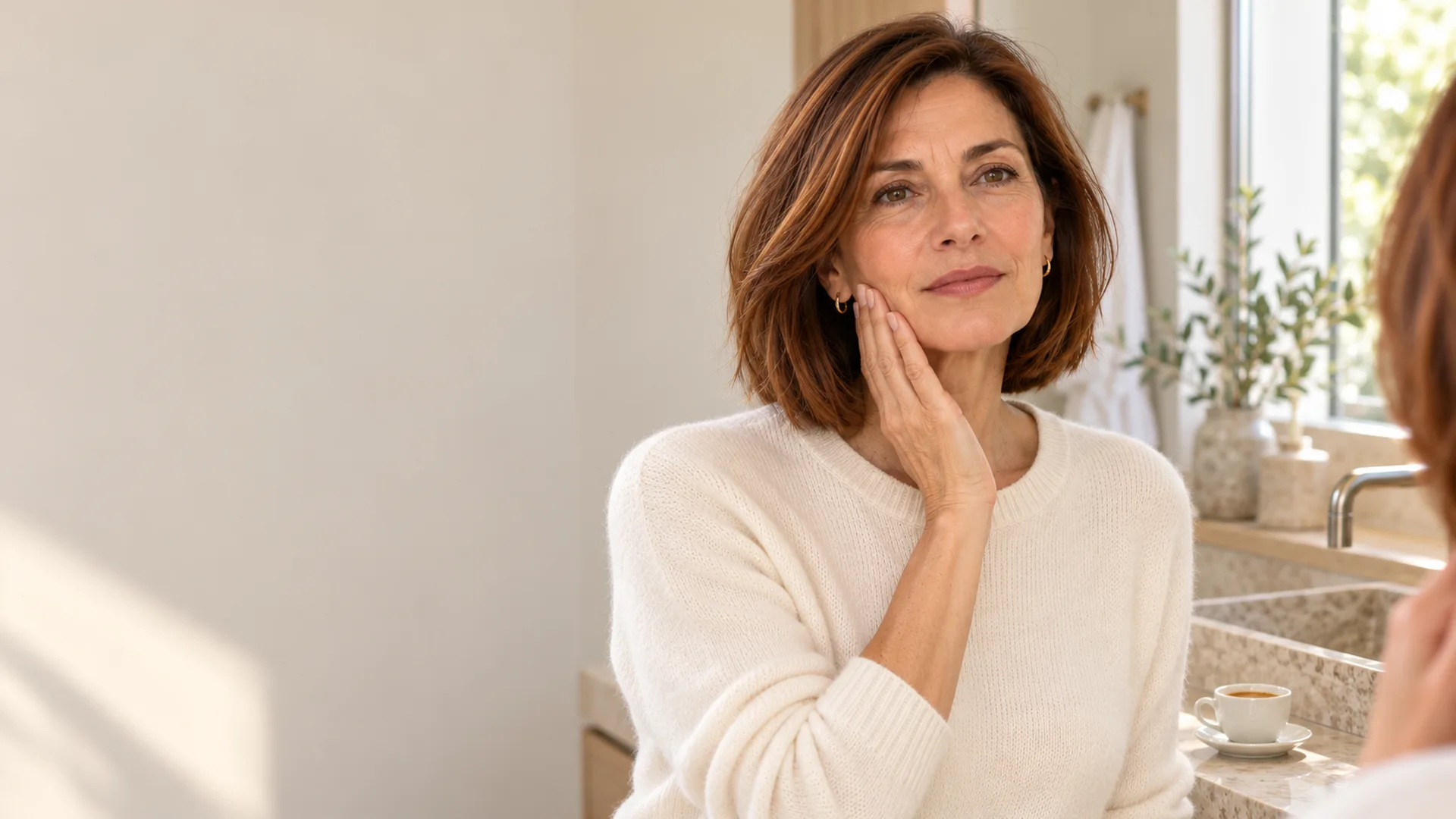 La donna allo specchio con la mano che accompagna la pelle lungo la mandibola
